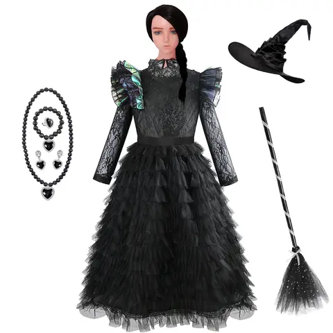 Robe Elphaba méchante, Costume de spectacle de sorcière d'halloween pour filles, nouveau film maléfique, tenues de jeu de rôle, robe noire pour enfants