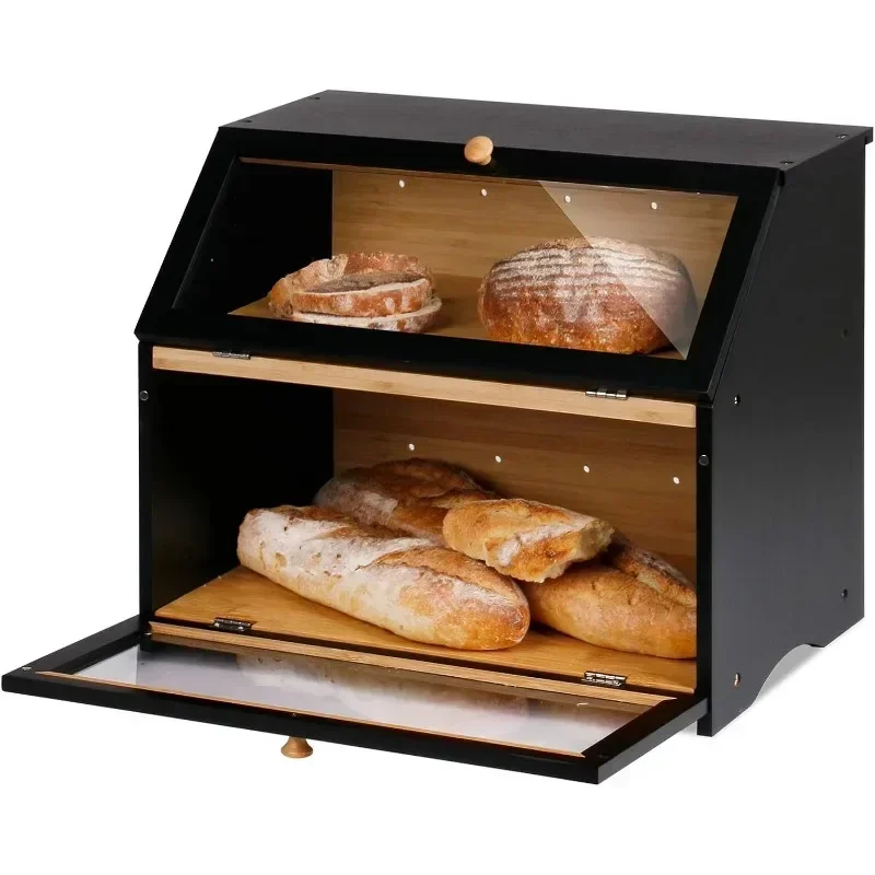 Kitchen Counter Double Layer Large Capacity Storage Bin Container Black Wooden Bamboo Bread Box With Acrylic Window  Air Vents