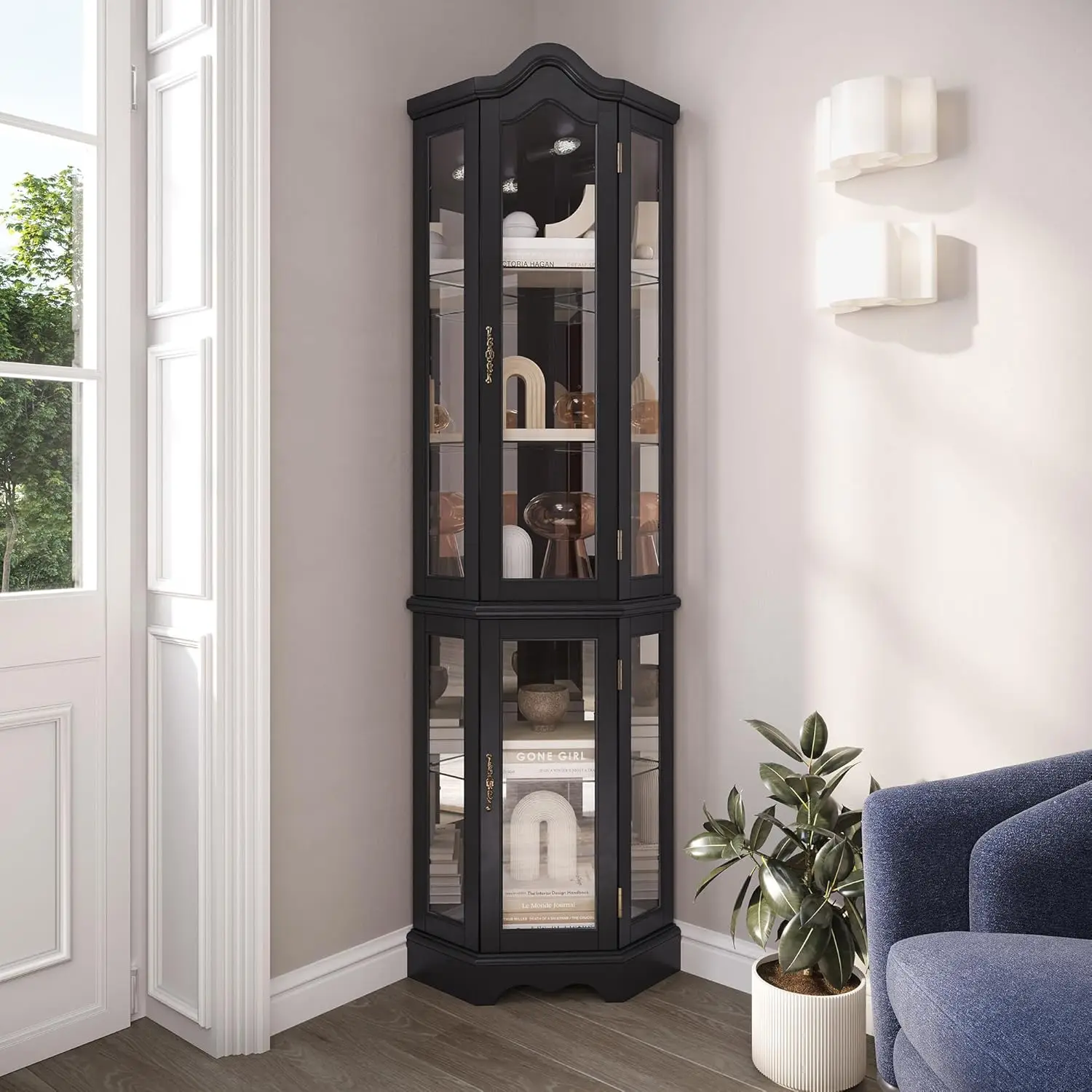 Vitrina de Exhibición de Vidrio Iluminada de 3 Lados con Puertas y Estantes de Vidrio Templado, Gabinete de Esquina de Madera Curvada con Bombilla, Esquina S