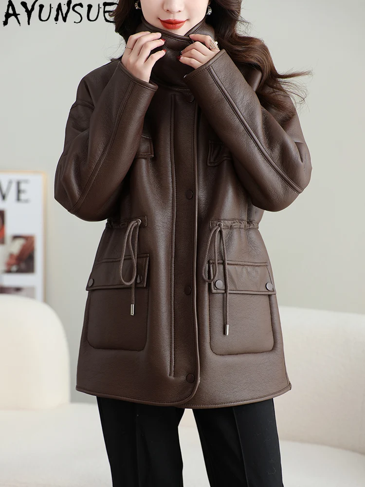 AYUNSUE 100% Wool Coat Women 2025 Vintage Motocycle Jacket Winter Clothing Female Fur Integrated Пальто Женское New in Coats