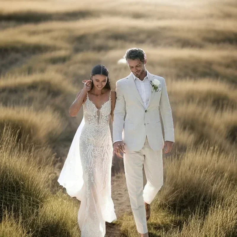 Linnen Bruiloft Smoking Voor Mannen Zomer Strand Formele Mannen Pakken 2 Stuks Slim Fit Bruidegom Kledij Jas Met broek