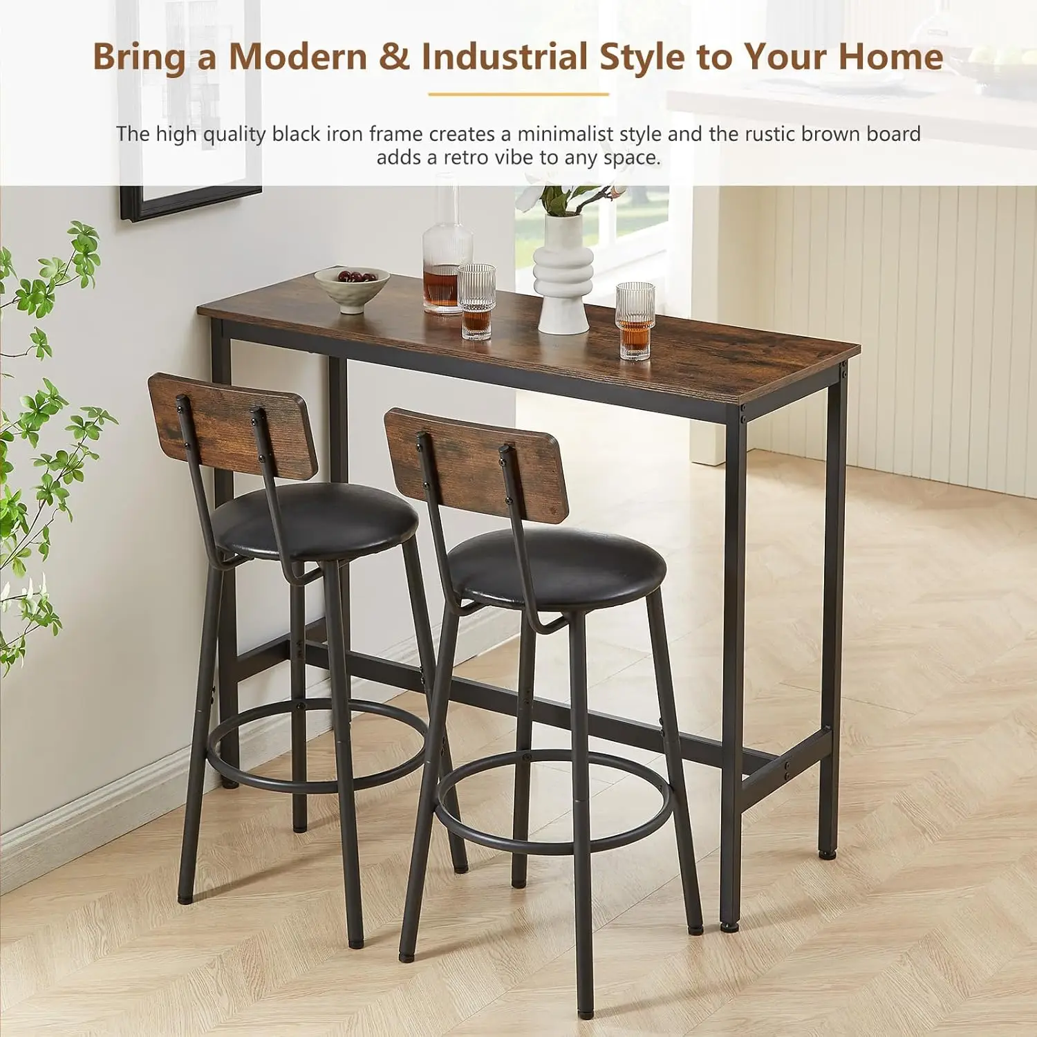 Bar Table with Stools Set of 2, Industrial 3 Piece Counter Height Small Dining Sofa Table and Chairs Set of 2, Brown
