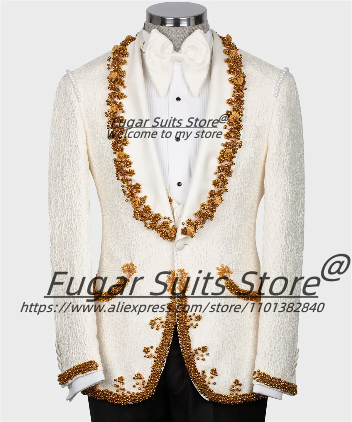 Luxuly Gold Crystal Jewelried Men Suits Customized Slim Fit Shawl Lapel Groom Wedding Tuxedos 3 Pieces Sets Male Prom Blazera