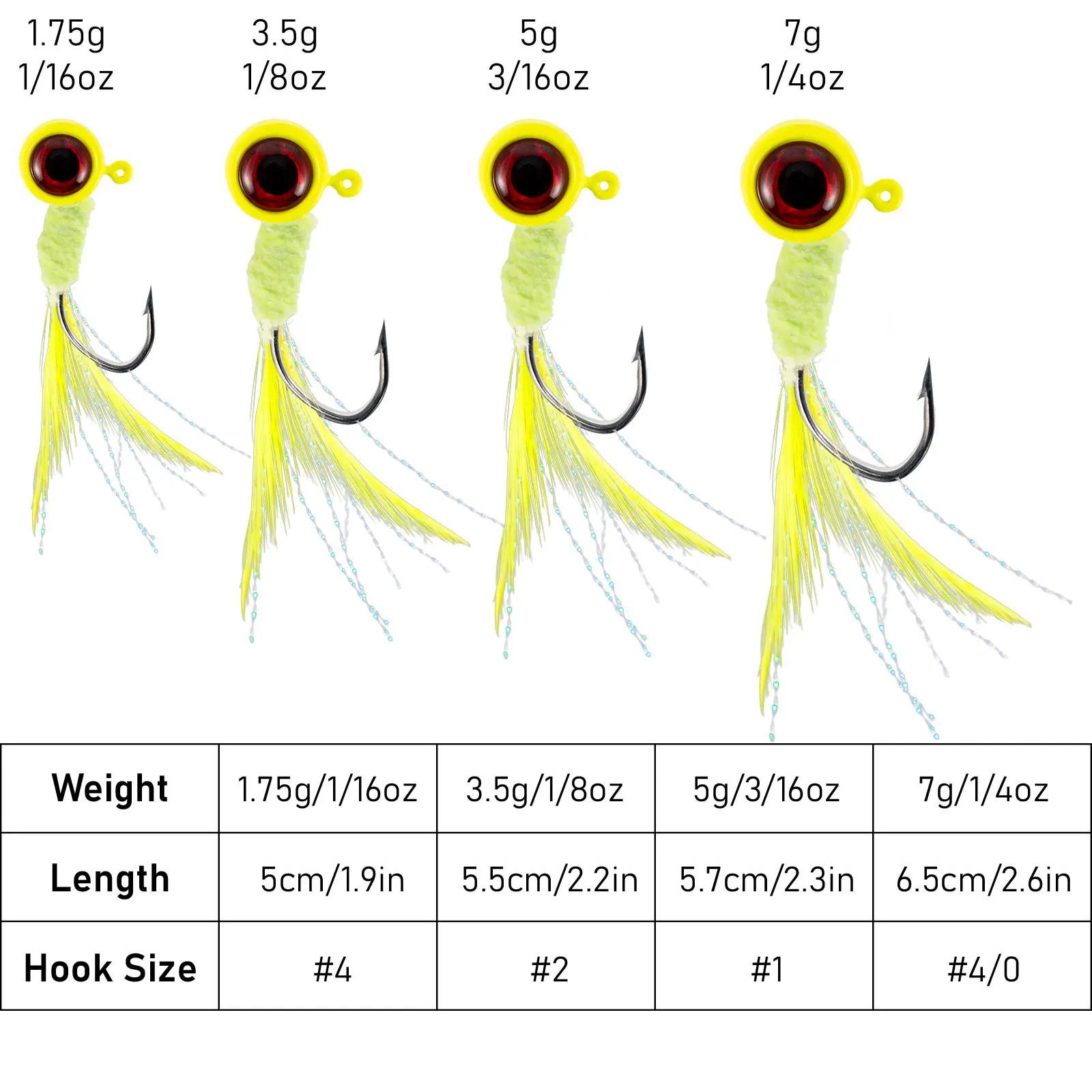 5pcs Crappie Jig Head Hook with Marabou Feather 1.75g-7g Round Ball 3D Eyes Worm Hook Swimbait for Bass Trout Walleye Panfish