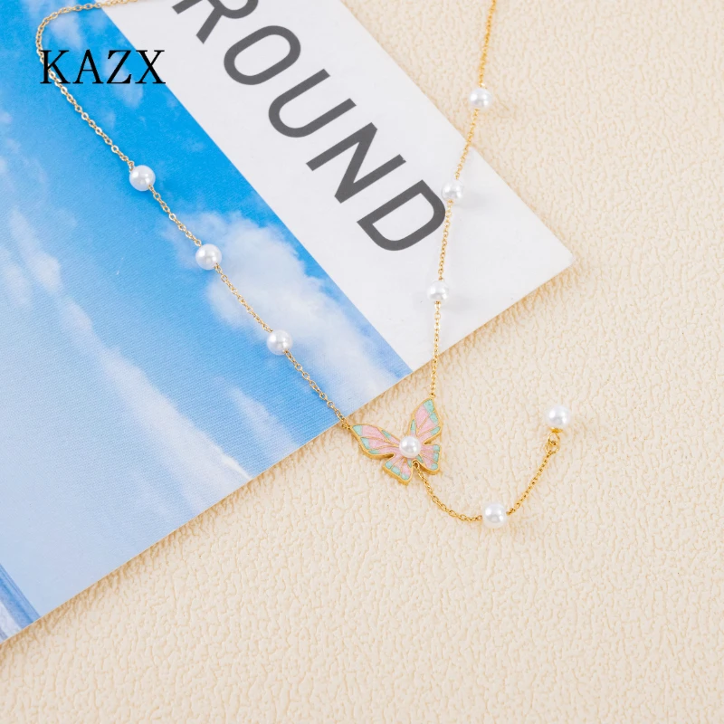 

Elegant Tassel Drop Butterfly Necklace Stainless Steel Two-Tone Enamel Scattered Pearls Anti Tarnish Birthday Gift For Ladies