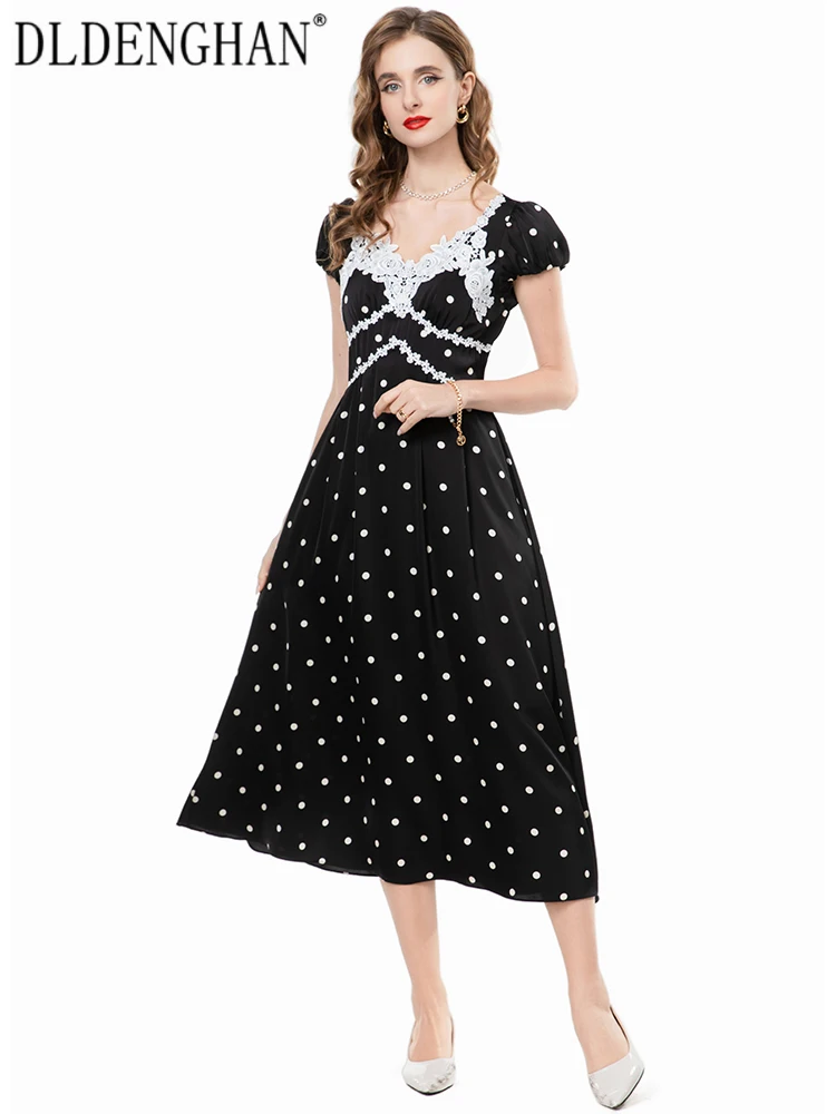 

DLDENGHAN Water-Soluble Flowers Dress For Women V-Neck Short Sleeve Dot Print Vintage Party Dresses Summer Fashion Female