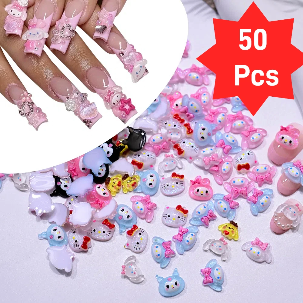 50 Stück 3D Sanrio Cartoon Harz Nagel Charms Kawaii Anime Glitter Hello Kitty My Melody Kuromi Strass Edelstein für Maniküre DIY Geschenk