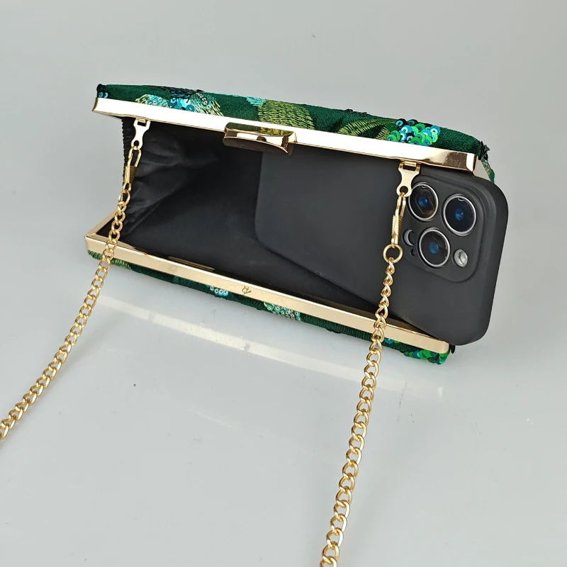 Vintage Green Floral Sequin Embroidery Evening Clutch for Women Hardbox Metal Lock Handbag Mother of Bride Formal Party Purse