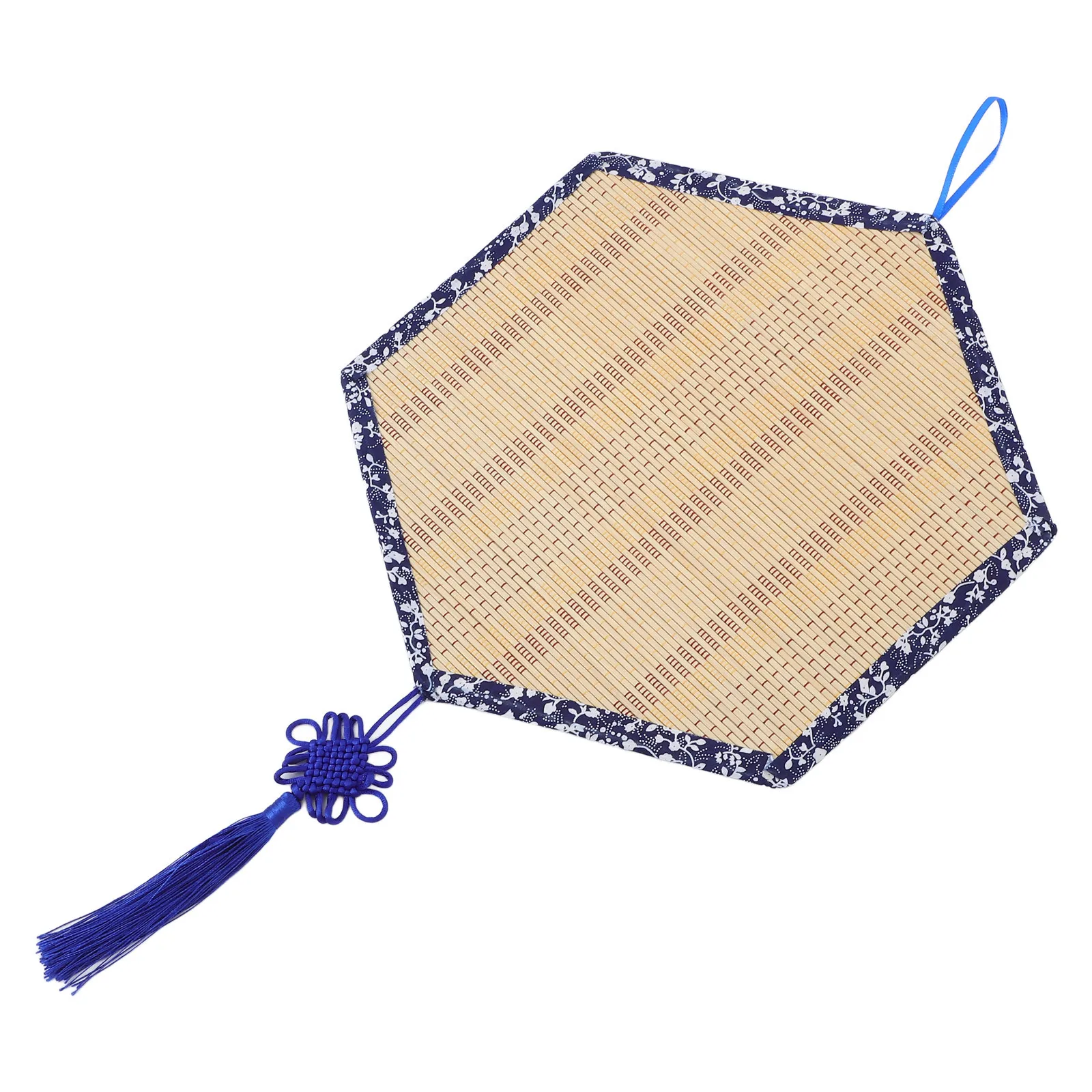 Vintage Handcrafted Bamboo Mat Wall Decor Blue Floral Trim Boho Pendant Home Garden Teahouse Dining Room Wall Decor