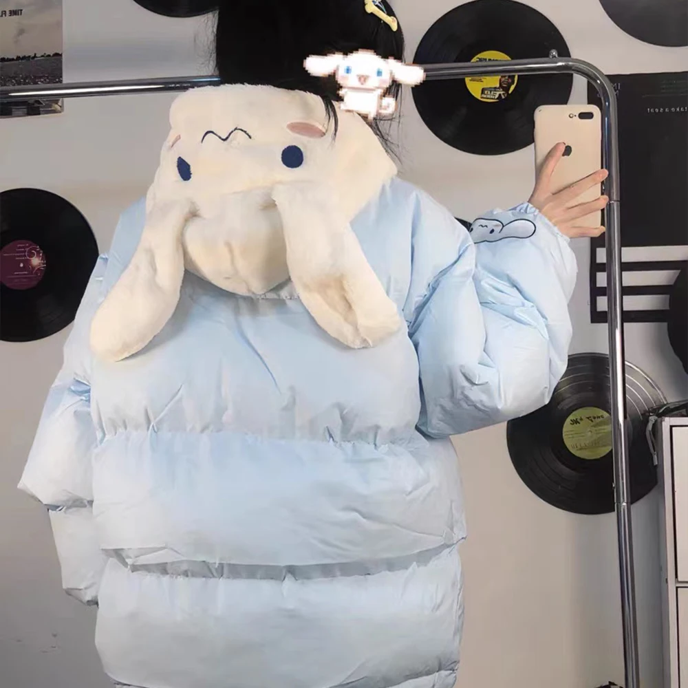 Sanrio Cinnamoroll Piumino invernale da donna Cartone animato Abiti in cotone Anime Addensare Cappotto con cappuccio Caldo carino Dolce Top Tempo libero Allentato