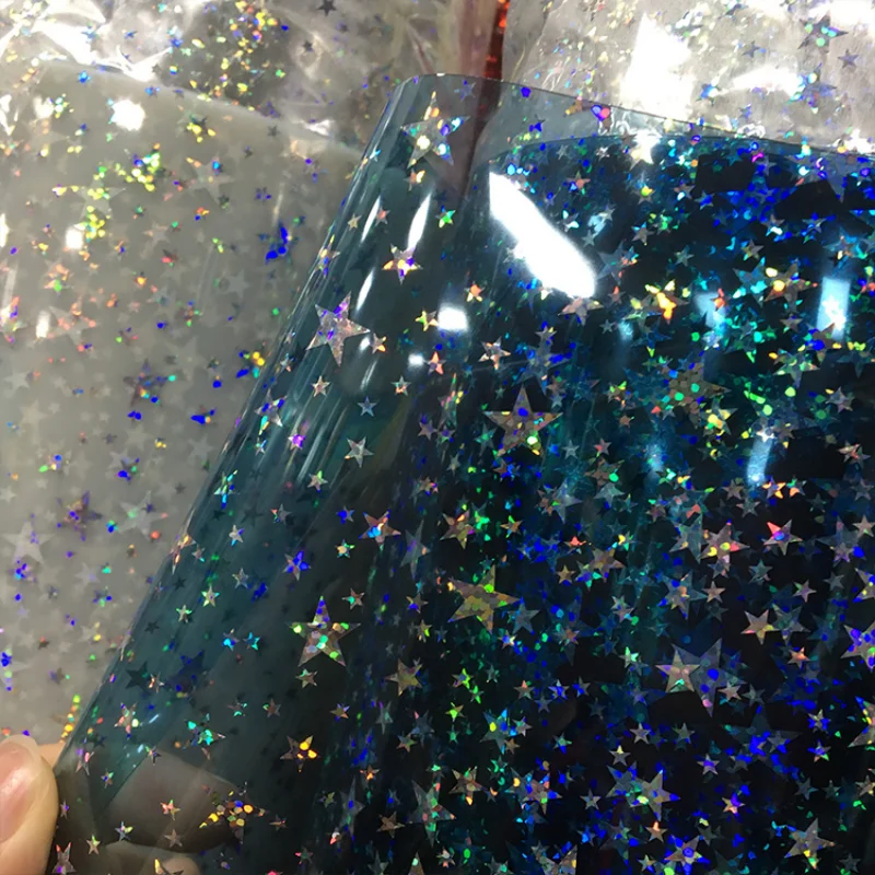 Transparent Star Print Glitter PVC Synthetic Leather Fabric Sheet, materials for upholstery/notebook covers/desk mat/umbrella