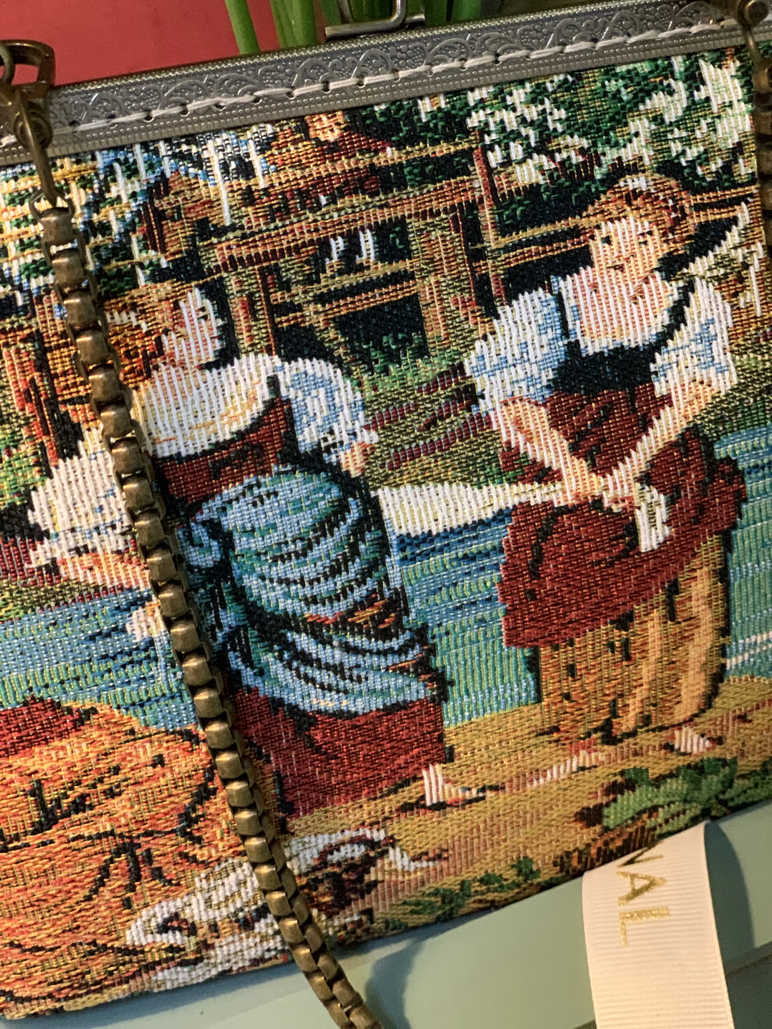 Lost in Vintage French Tapestry Figural Purse Metal Frame Aubusson Clutch Figural Bag Vibrant Scenic and Romantic Figures Lamb