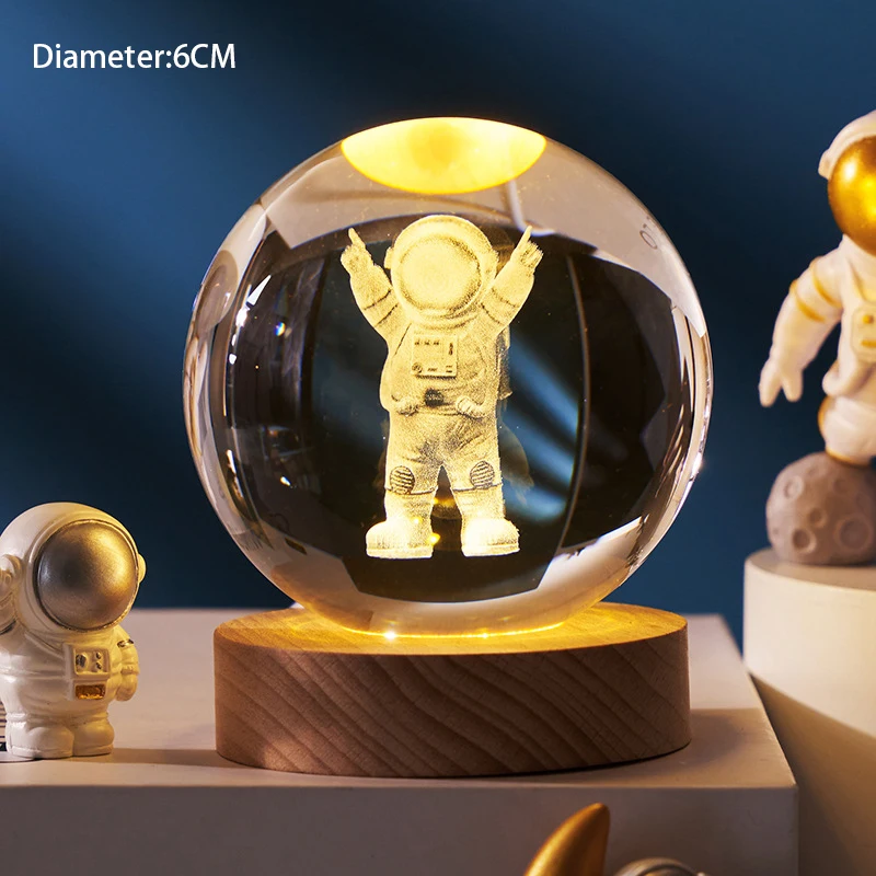 Bola de cristal luzes da noite brilhante planeta galáxia astronauta 3d lua candeeiro mesa atmosfera usb decorações mesa presentes do miúdo