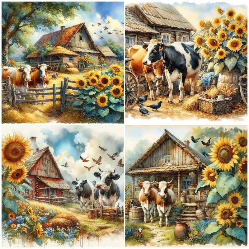 

5D DIY Farmhouse Cow Wall Art Diamond Painting Kit "farm with Sunflower" Cross Embroidery Handmade Diamond Mosaic Art Gift