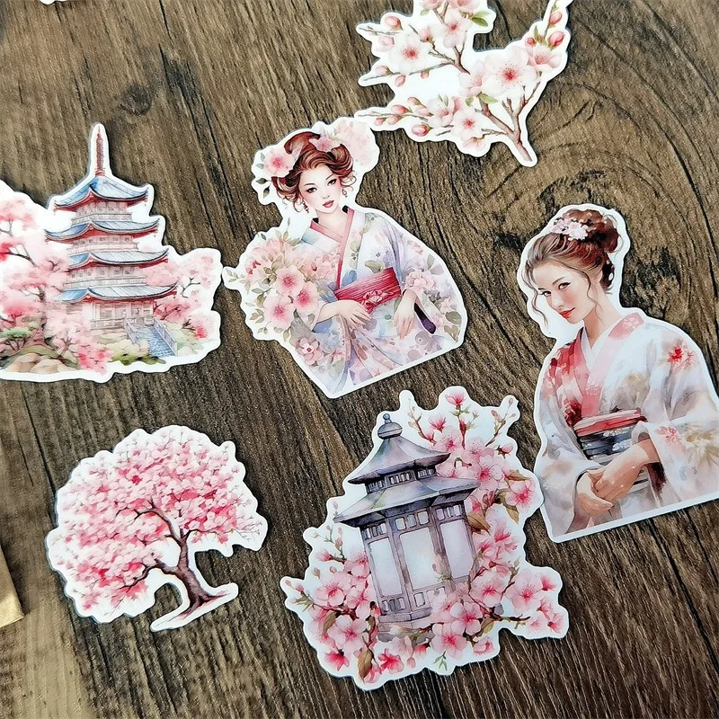 17PCS Watercolor Pink Kimono Girl Sakura Hand Account Stickers  Dessert Scrapbooking  /decorative  /DIY Craft Photo Albums