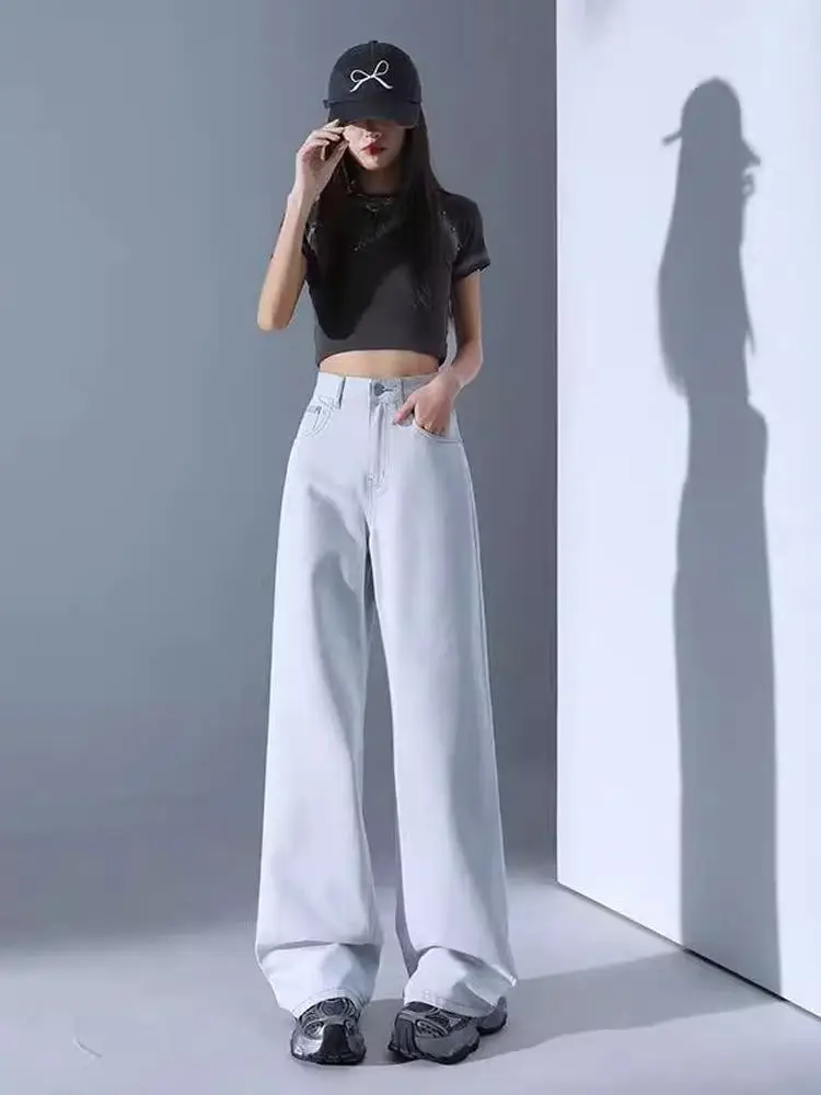 

Fashionable Grey White Loose Women's Jeans Straight Leg Slimming Wide Leg Drapey Spring Summer High Waist Cotton Blend