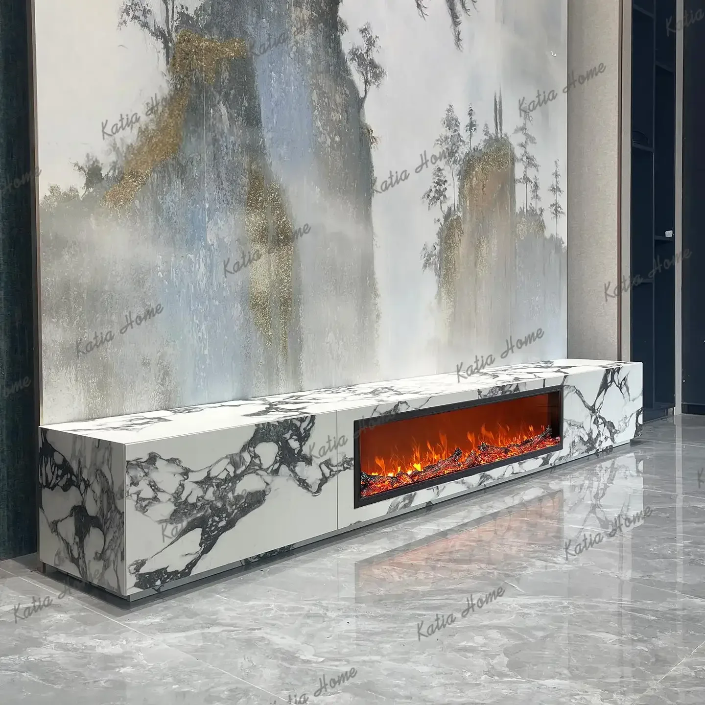 FG Stone TV Console with Fireplace, Italian Minimalist Media Cabinet, Silent Drawers & Waterproof, EO Certified, Customizable