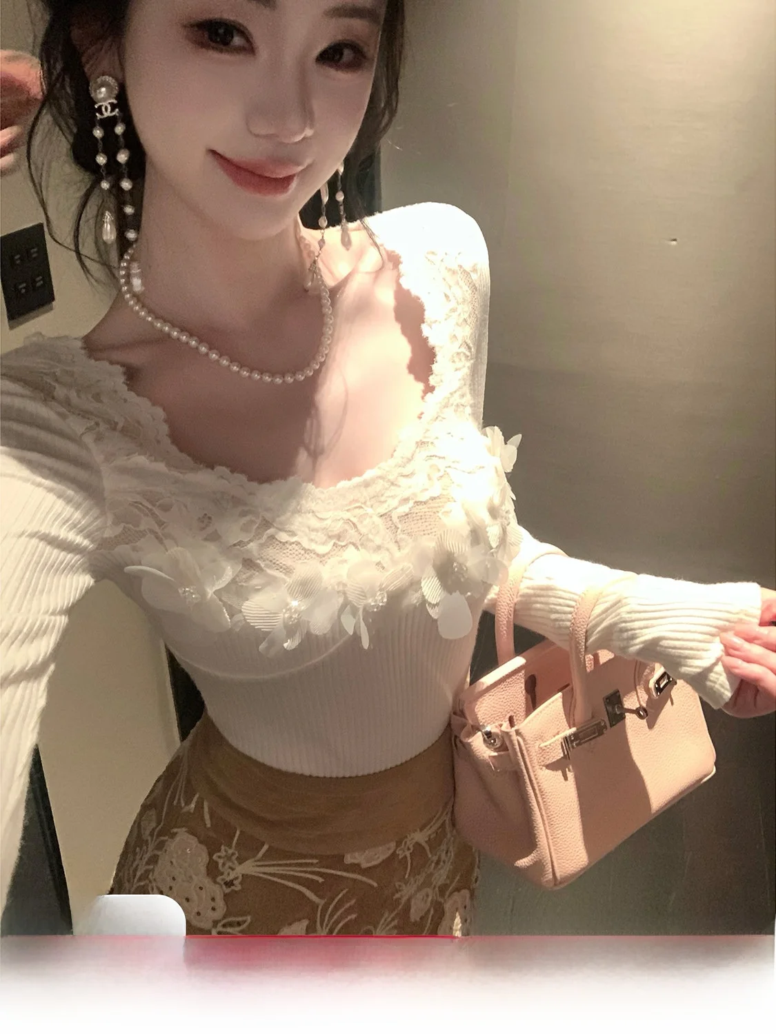 

Женский топ Sy Jasmine Morning Fog Ele Sle, вязаный, с длинными рукавами, кружевными вставками, 3D цветочным узором, мягкий, эластичный