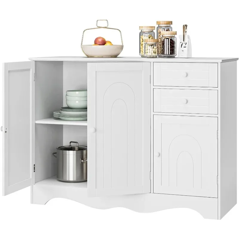 White Sideboard Buffet Cabinet with Storage, Kitchen Buffet Storage Cabinet with 2 Drawers & 3 Doors, Wood Coffee Bar Buffet