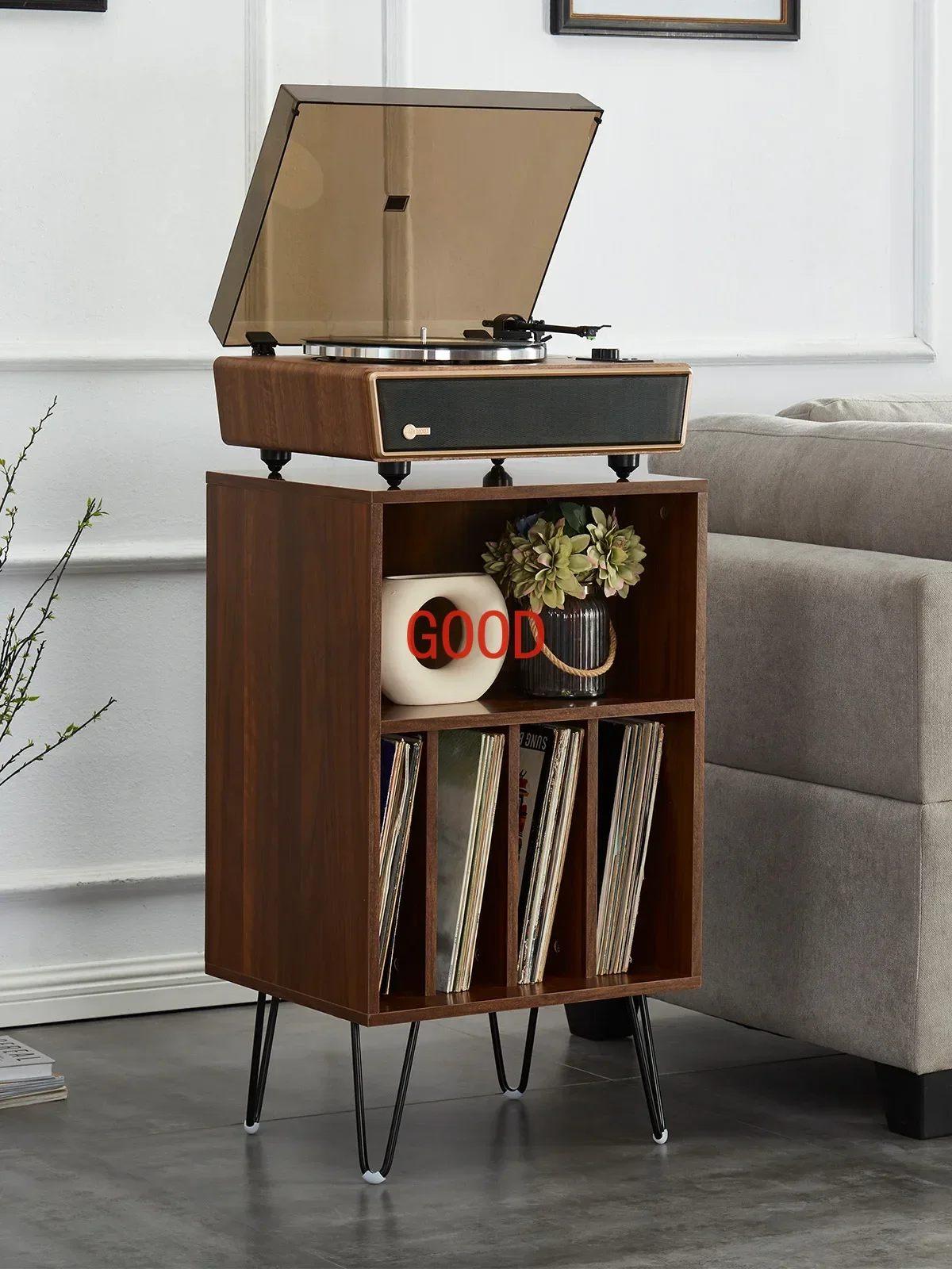 Retro vinyl record player cabinet record storage cabinet combination stereo phonograph side table