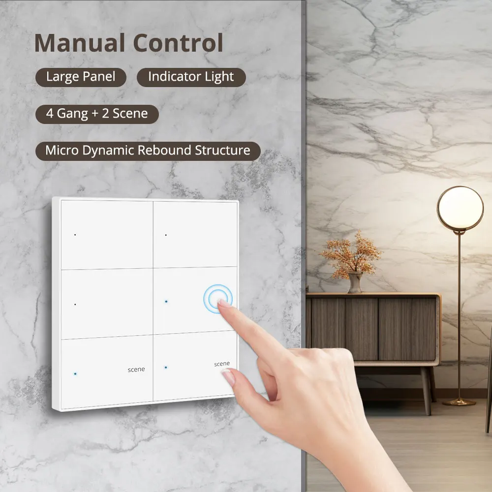 Zemismart Zigbee 4x4 Wall Light Switch 4 Gang with 2 Gang Scene Push Button with Neutral Switch Work with Tuya Alexa Google Home