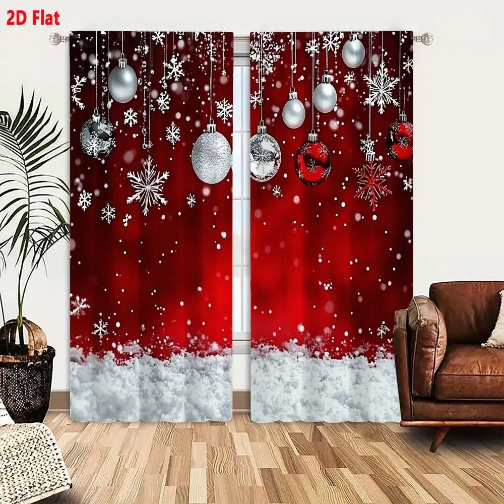 2Pcs Curtains Add 2D Flat Festive Christmas Background With Hanging Ornaments And Snowflakes On Red Gradient Window Drapes for B