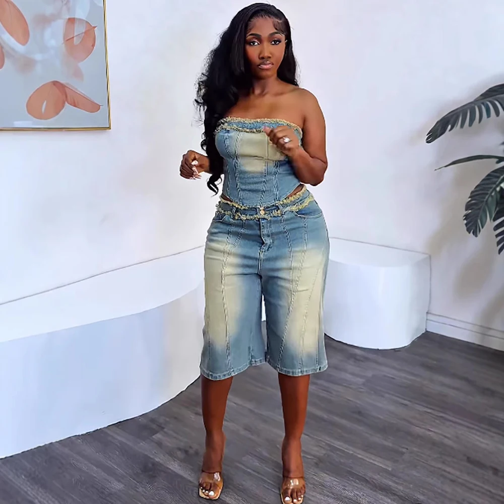 Set Jeans Wanita Atasan Tabung Pinggiran Dicuci Denim Tanpa Tali Modis Musim Panas dan Celana Pendek Jeans Longgar Panjang Lutut Set Pakaian Yang Cocok
