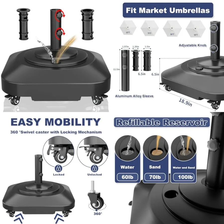 

Patio Umbrella Base Heavy Duty with Wheels, Max 100lb Fillable Umbrella Stand Mobile Square Market Stand, Windproof Outdoor Umb