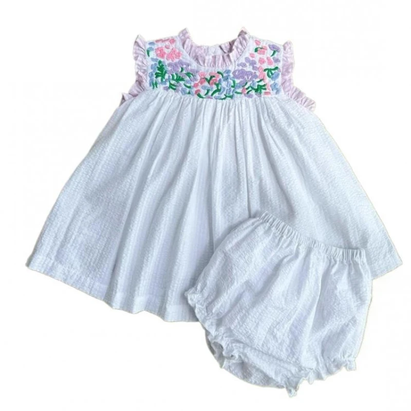 2024 Baby Clothes Girls' Flower Embroidered Dresses Cotton Boutique Kids Fashion Soft Vestidos Sleeveless Round Neck Outfit