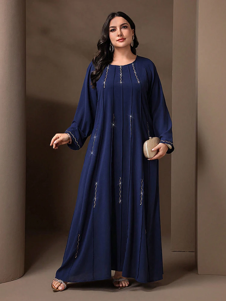 TOLEEN 2024 New Plus Size Women Luxury Elegant Loose Abaya Arabian Party Long Dress Decorated With Water Diamonds, Spring/Summer