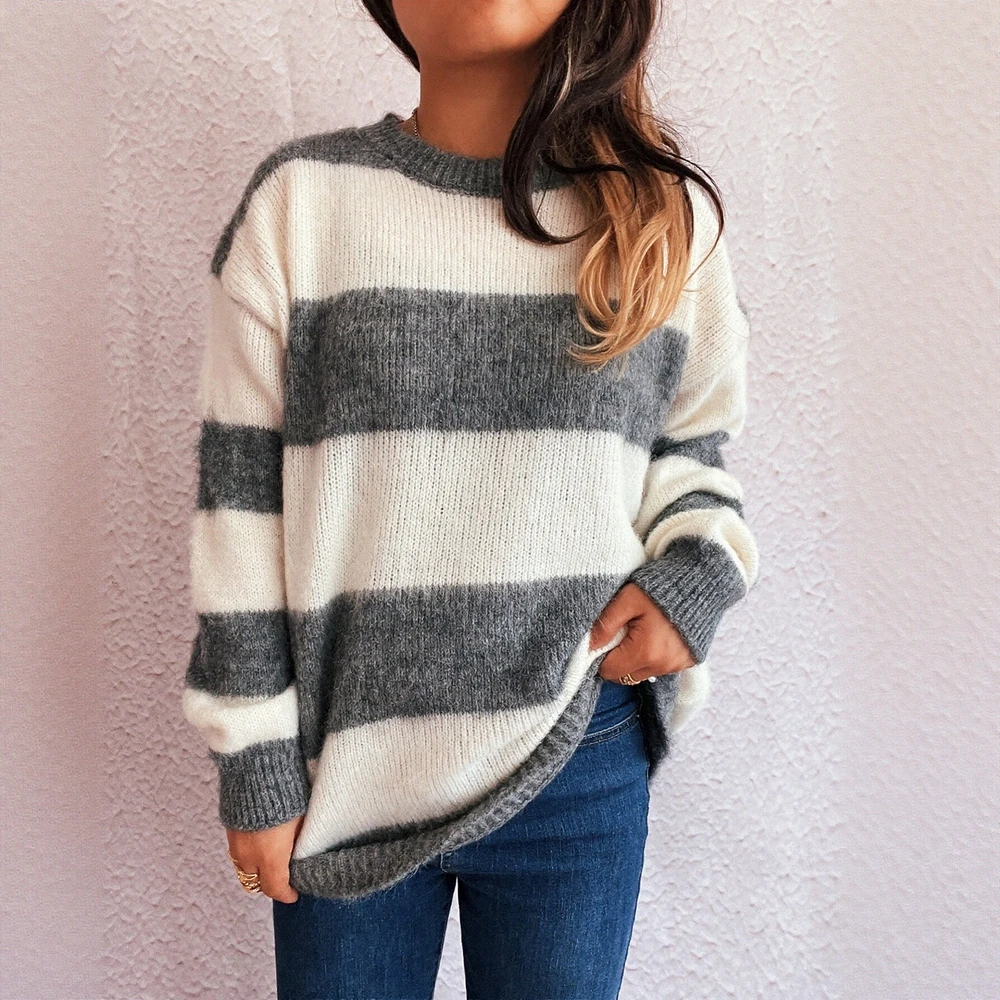 

Осенне-зимний свитер с длинным рукавом и круглым вырезом, удобный для женщин, модный приталенный трикотаж, дизайн с прямыми рукавами