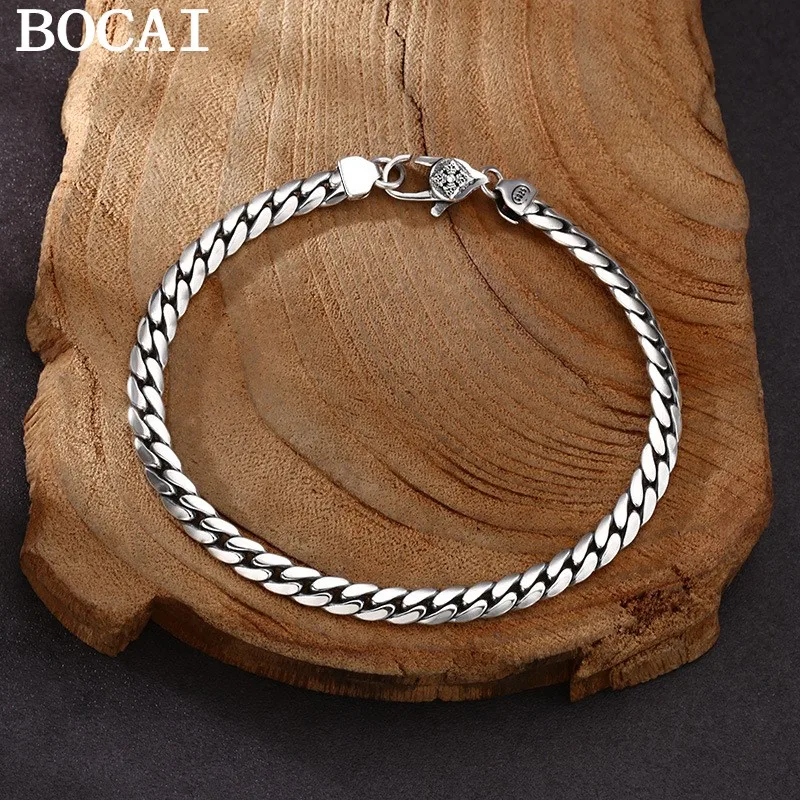 

BOCAI 5mm S925 Sterling Silver Simple Personality Diamond Buckle Smooth Surface Cuban Bracelet