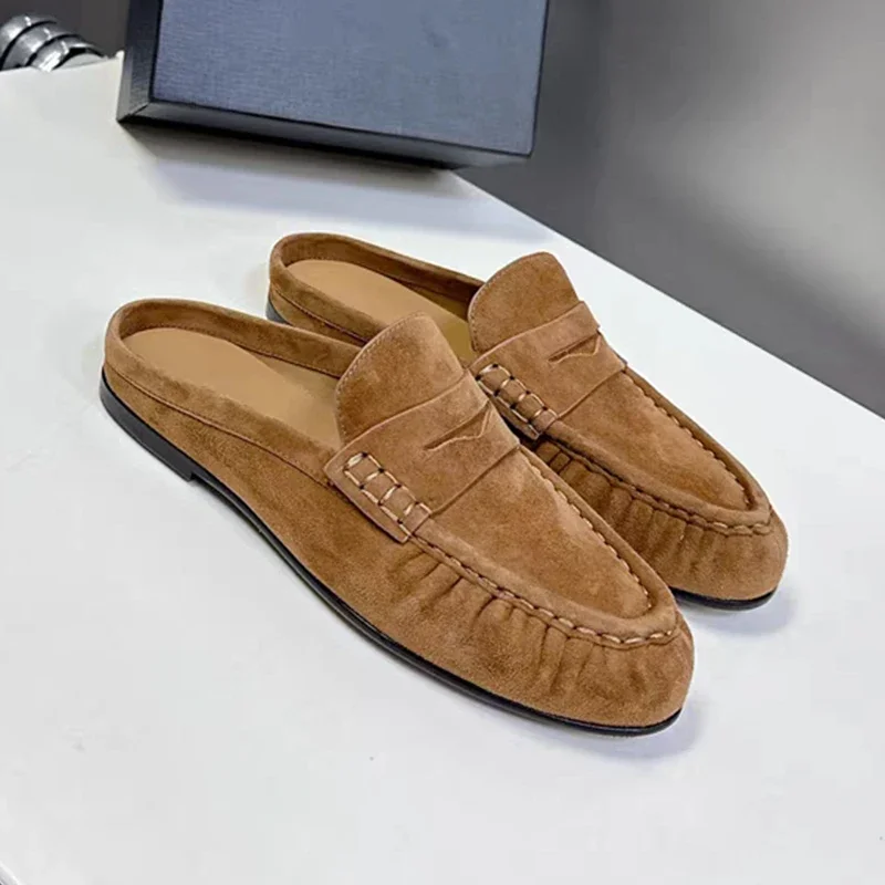 Dilalula 2026 Franse stijl dames echt lederen muilezels geplooide slip-on platte slippers casual slides plus maat 34-43