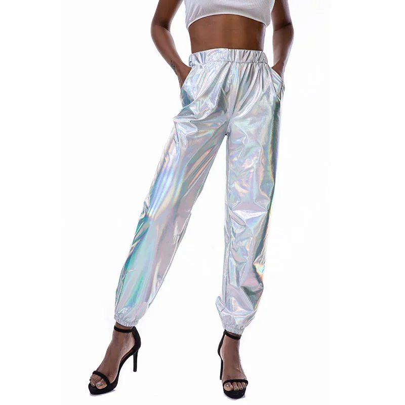 High Waist Metallic Shiny Jogger Casual Holographic Color Streetwear Trousers Women Fashion Smoothy Reflective Pants Hip Hop