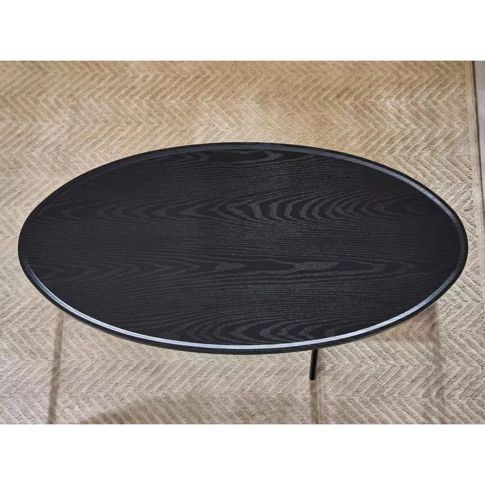 Walnut Living Room Coffee Table with Metal Frame, 43.3 Diameter x 21.6 Width x 15.7 Height, Black Wood and Metal Base