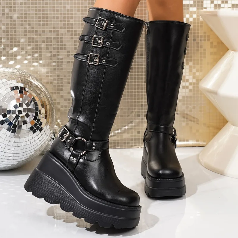 

Wedge Heel Tall Boots Winter New Round Toe Side Zipper Platform Metal Buckle Anti-Slip Wear-Resistant Boots