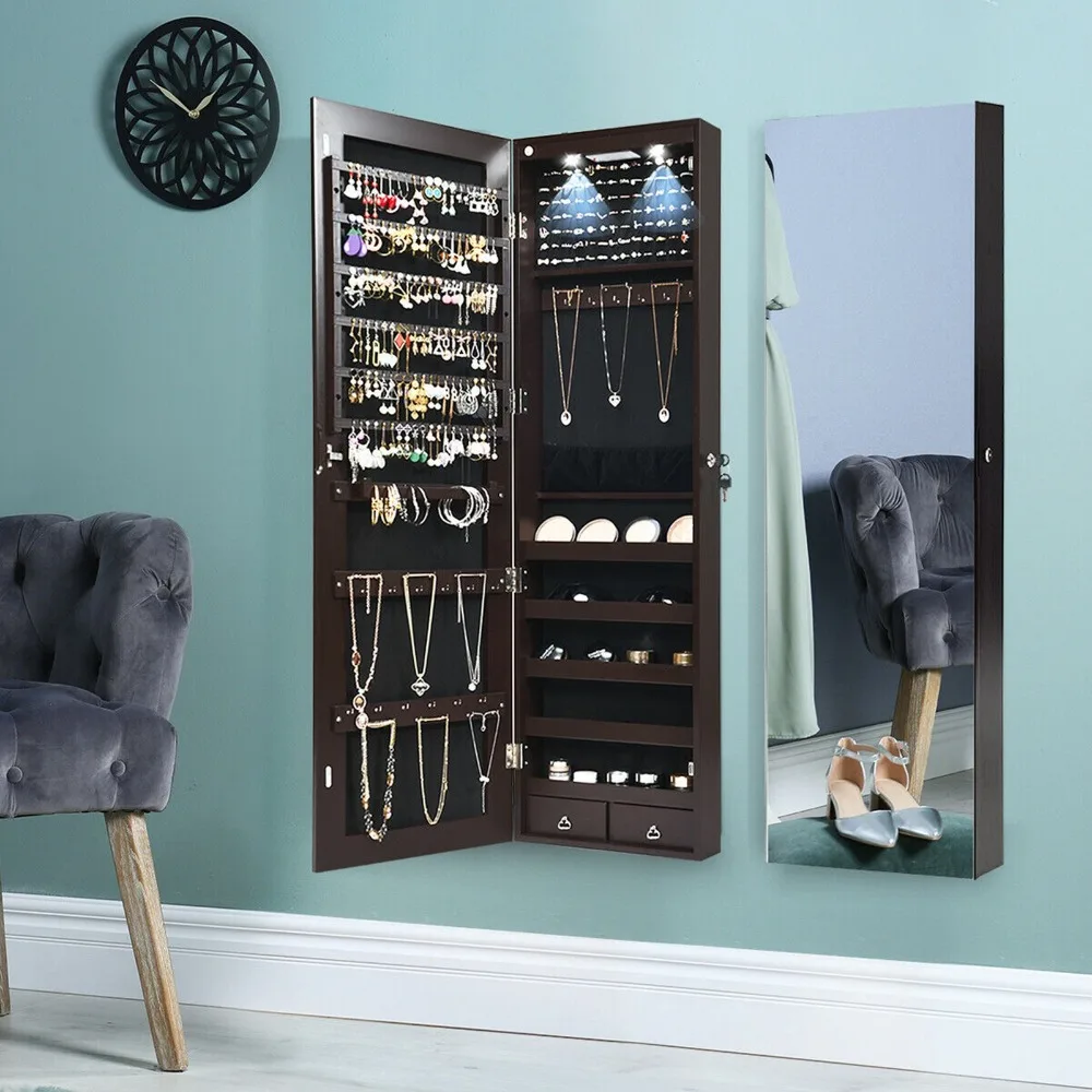 Mirrored Wall & Door Mounted Jewelry Storage Cabinet Organizer W/ Lights&Drawer