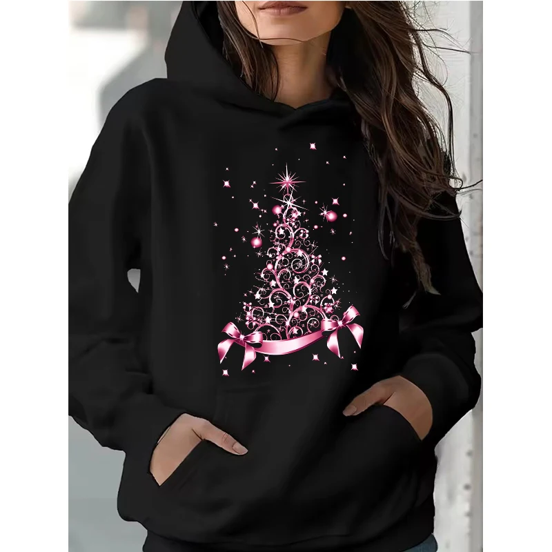 Schwarze Taschen-Hoodies mit Weihnachtsbaum-Aufdruck für Damen mit funkelnden Sternen und Schleife, 90er-Jahre-Freizeit-Sweatshirts, Kapuzenpullover, Y2k-Kleidung