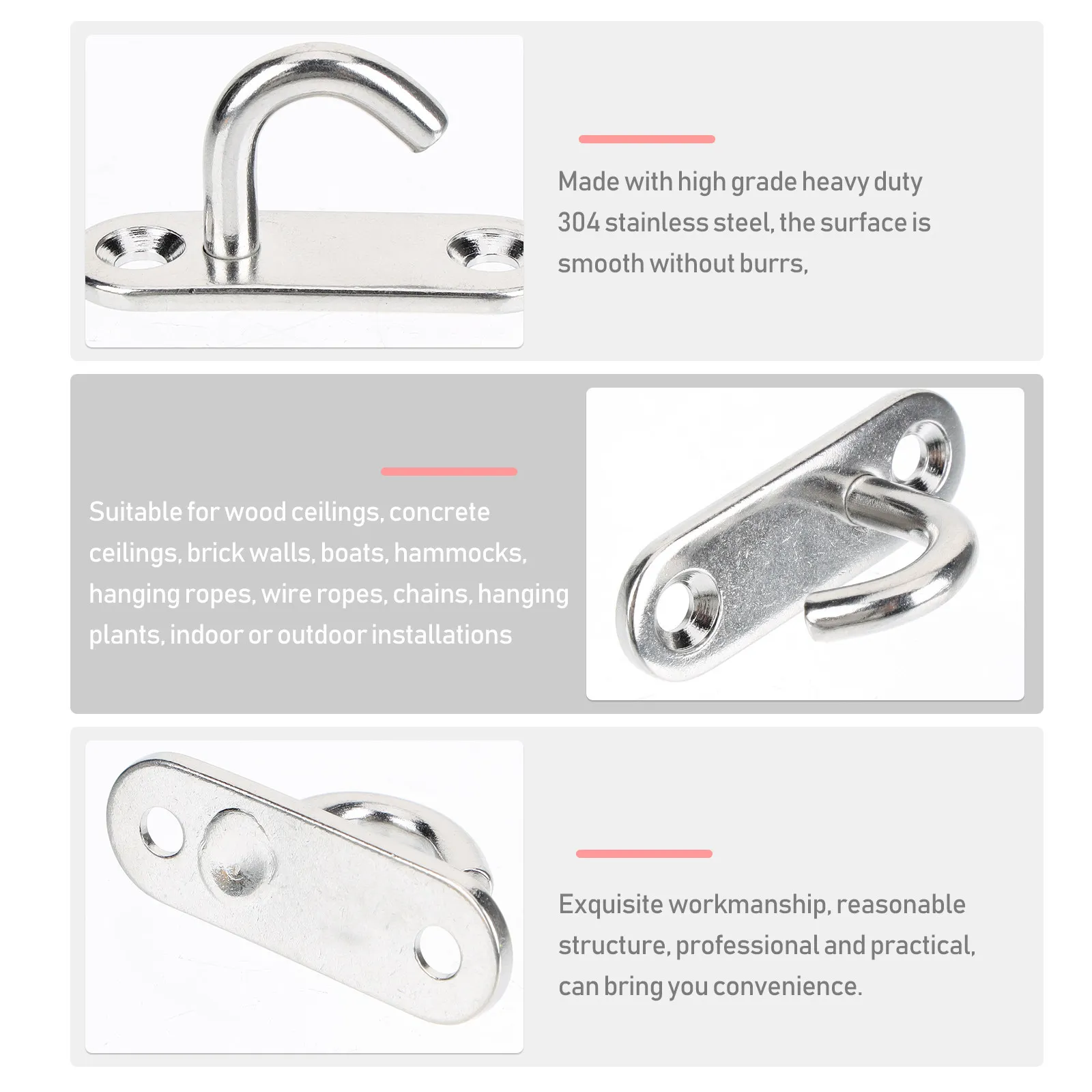 6Pcs Stainless Steel Oval Open Ceiling Hooks Heavy Duty M5 Pad Eye Anchor Screw Mount Wall Hanging Hardware for Plants Lamps