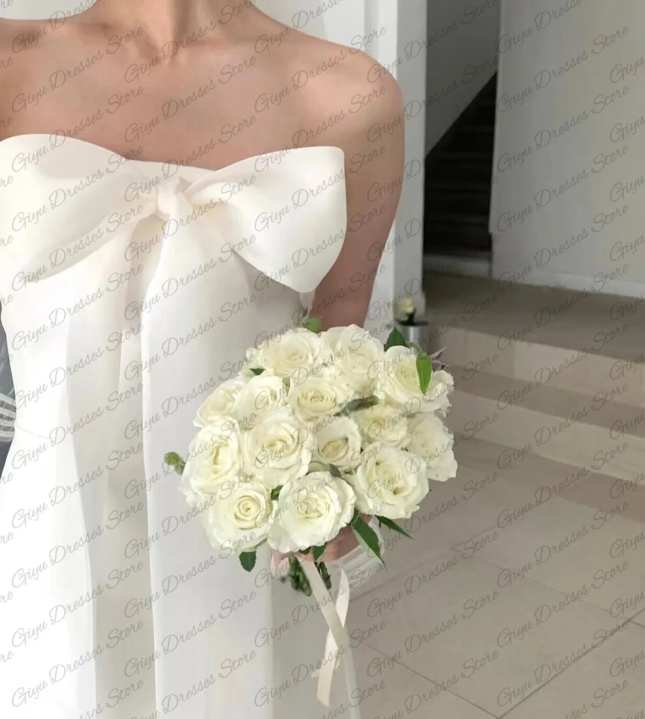 Giyu Simple Ivory Organza Wedding Dress  Women Strapless Bow Evening Dresses Korea Photo Shoot Bridal Reception Gown Customized