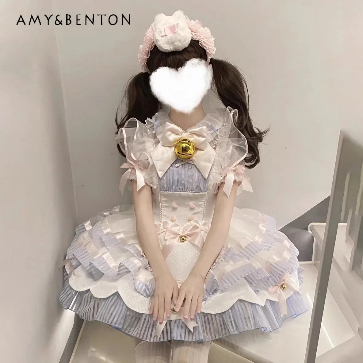 

2025 Summer New Maid Costume Lolita Cute Cat Sweet Soft Girl Bowknot Slim High Waist Sleeveless Princess Short Dress