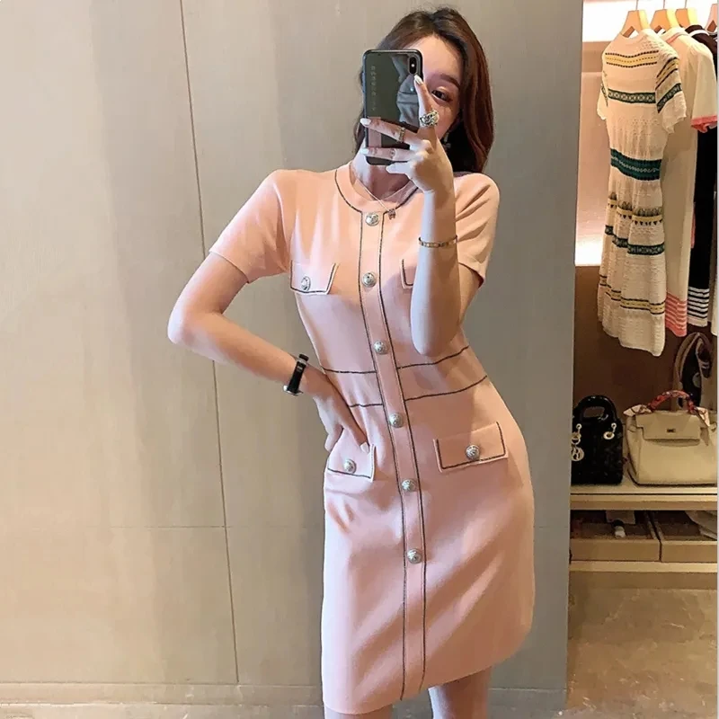 Korean Summer Thin Knitted Dress Slim Bodycon Short Sleeve Vestidos Women Ice-silk Casual Kleid Elegant Knitwear Dresses