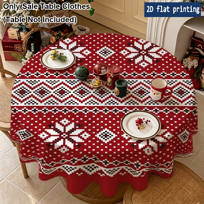 1 piece Christmas red snowflake Fair Island pattern round tablecloth, durable polyester material,