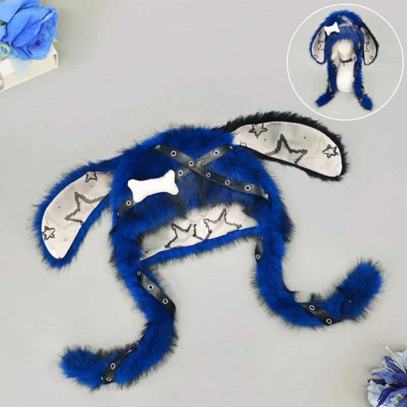 Plush Rabbits Ear Hat with Long Animal Ears, Star Pattern, and a Brimless Pull-On for Fall and Winter Daily Styling, Y08E