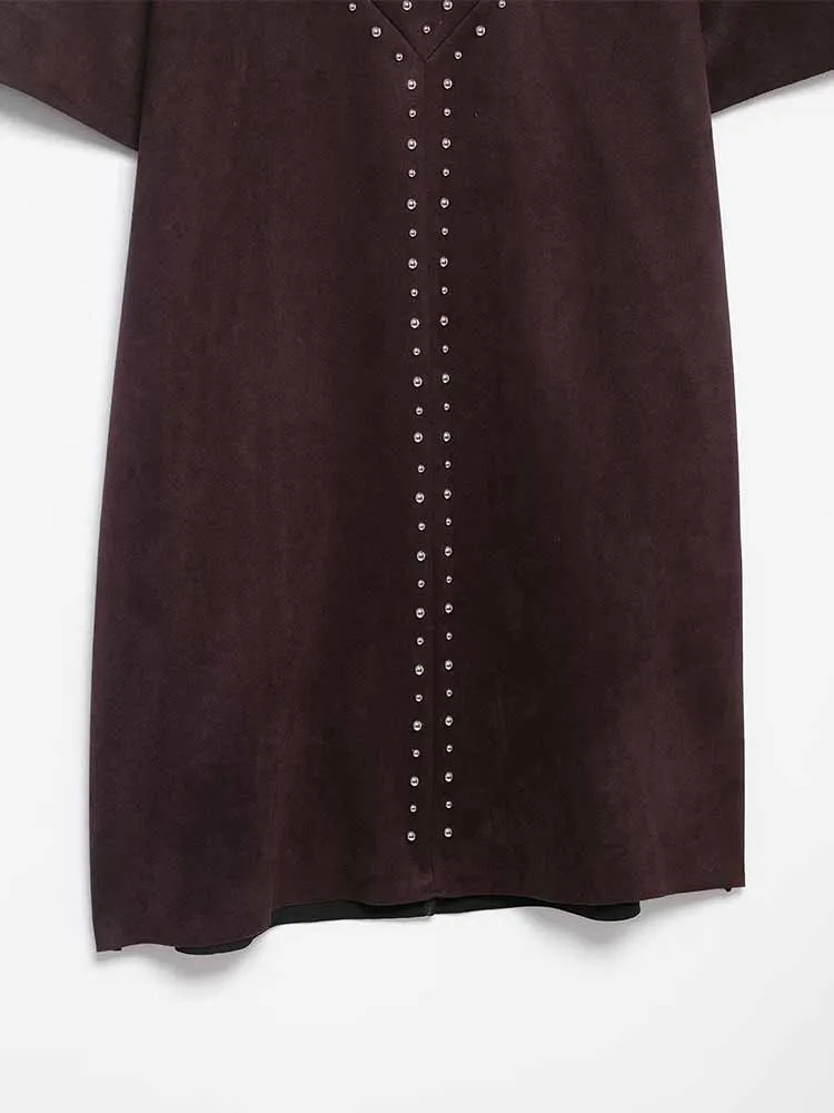 النمط الأوروبي والأمريكي الخريف الوافدين الجدد فستان نسائي بسيط عصري وعصري مع نسيج الصوف وتفاصيل برشام #6