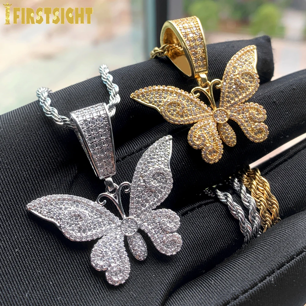 New Bling Butterfly Pendant Necklace Iced Out Gold Silver Color AAA Cubic Zircon Animal Charm Men's Women Hip Hop Rock Jewelry