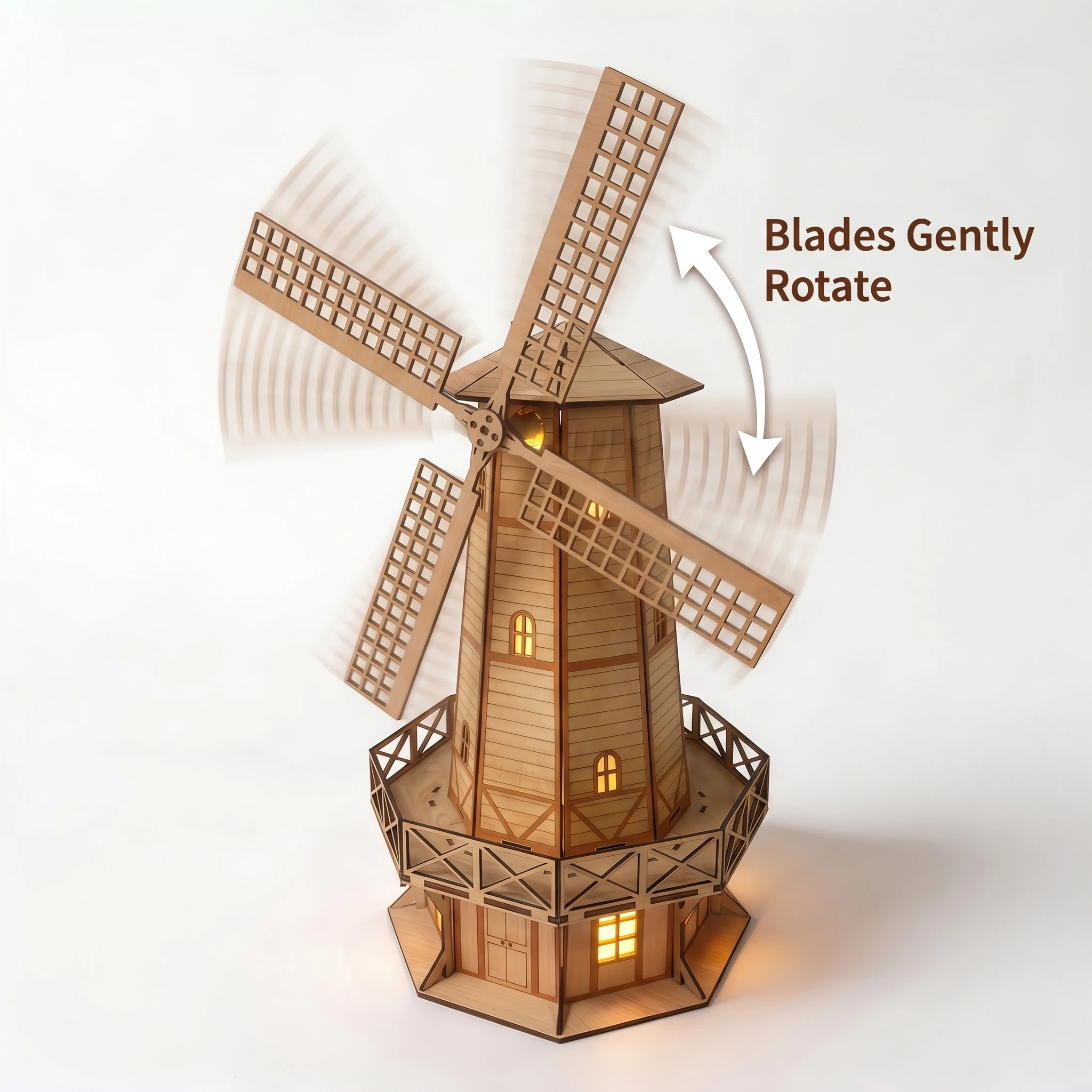 DIY Wooden Windmill House Puzzle LED Light Rotating Sails 3D Wooden Model Kit Creative Night Lamp Home Decor Gift for Adult Kids