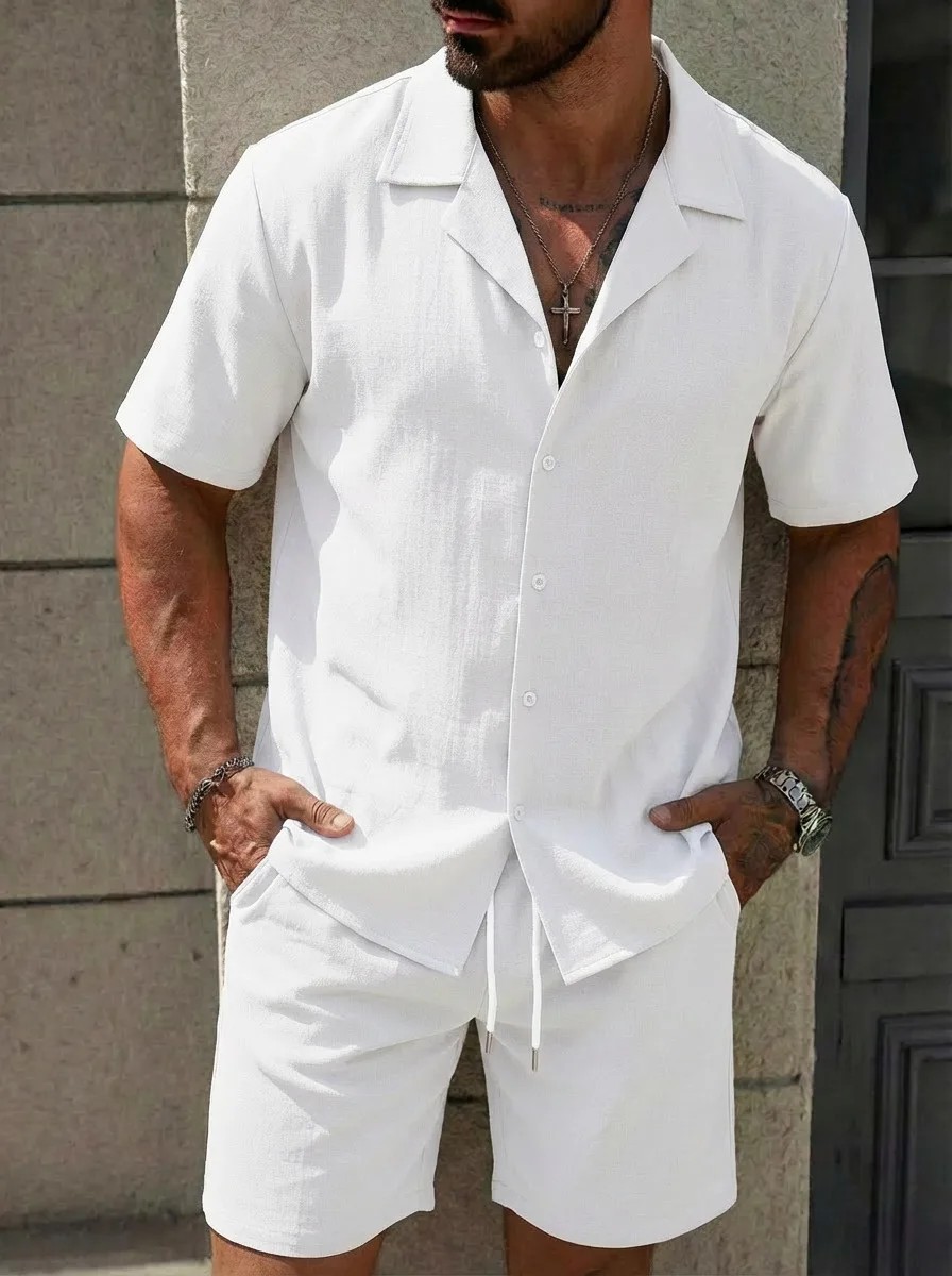 2026 Sommer Herren Europäisch-Amerikanisches Strand 2-teiliges Set Lässiges Kurzarm-Hemd Shorts Streetwear Trainingsanzug – Detail 3