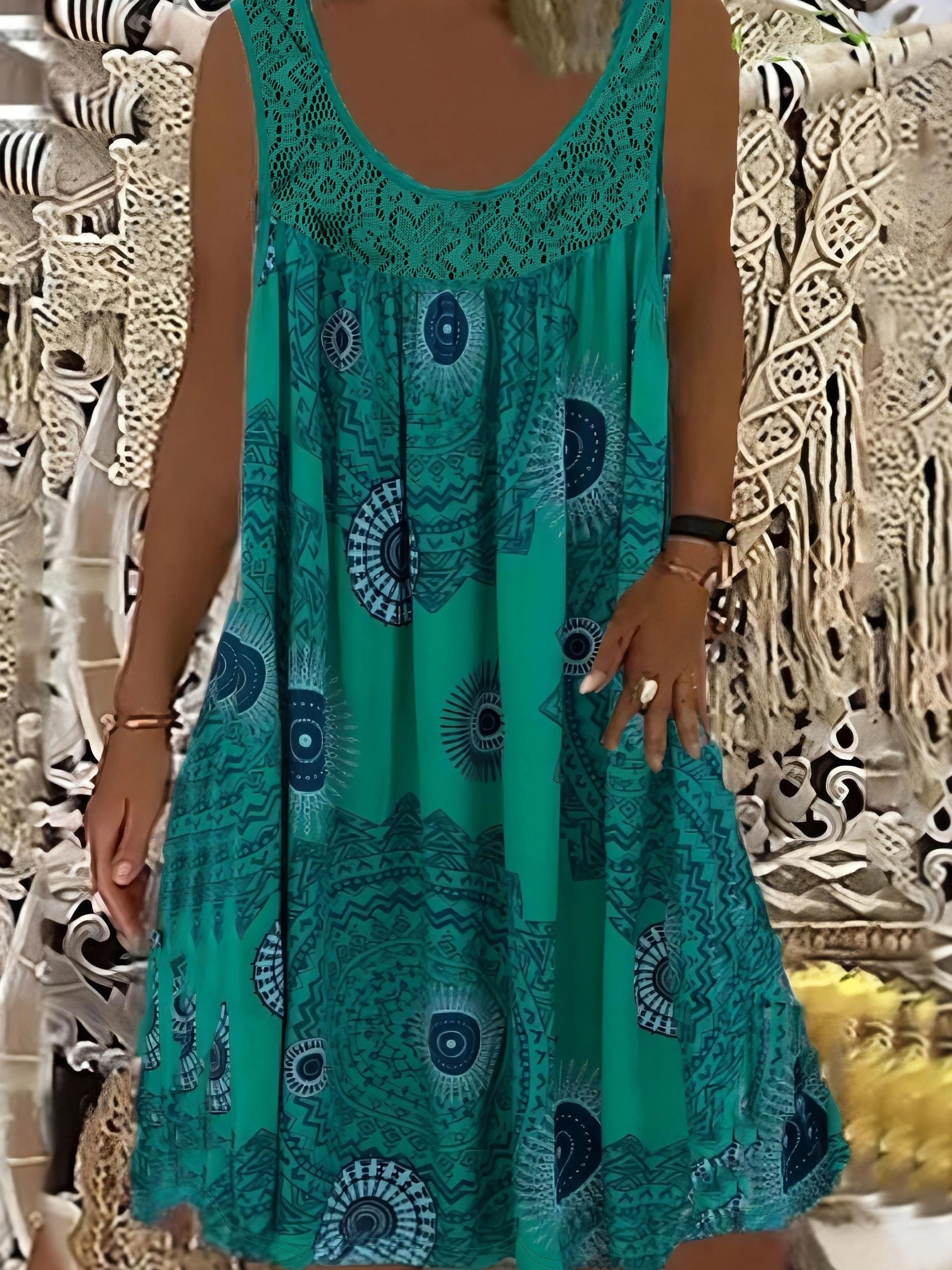 Plus size women's sleeveless round neck A-line dress with contrasting lace border floral print - knee length casual and pretenti