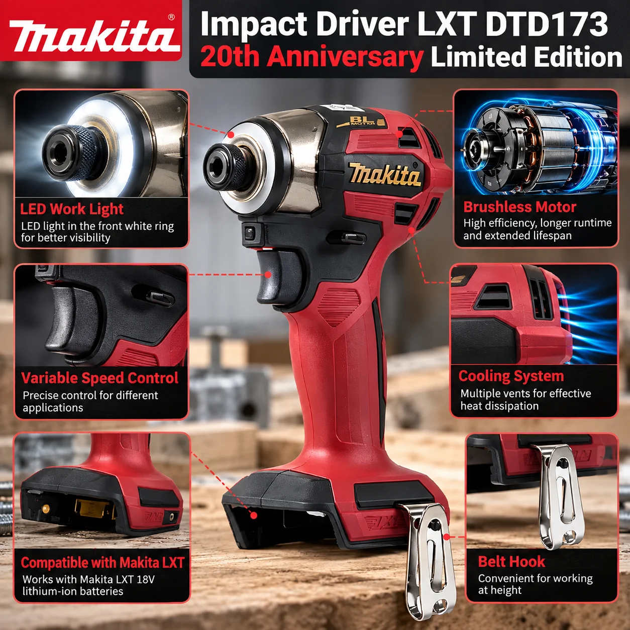 Makita DTD173 20th Anniversary Limited Edition 18V Brushless Cordless Impact Driver 180N.m Premium Red Power Tool for Woodworki
